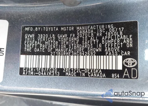 2017 Toyota Corolla Se from USA, damaged, VIN 2T1BURHE3HC942692